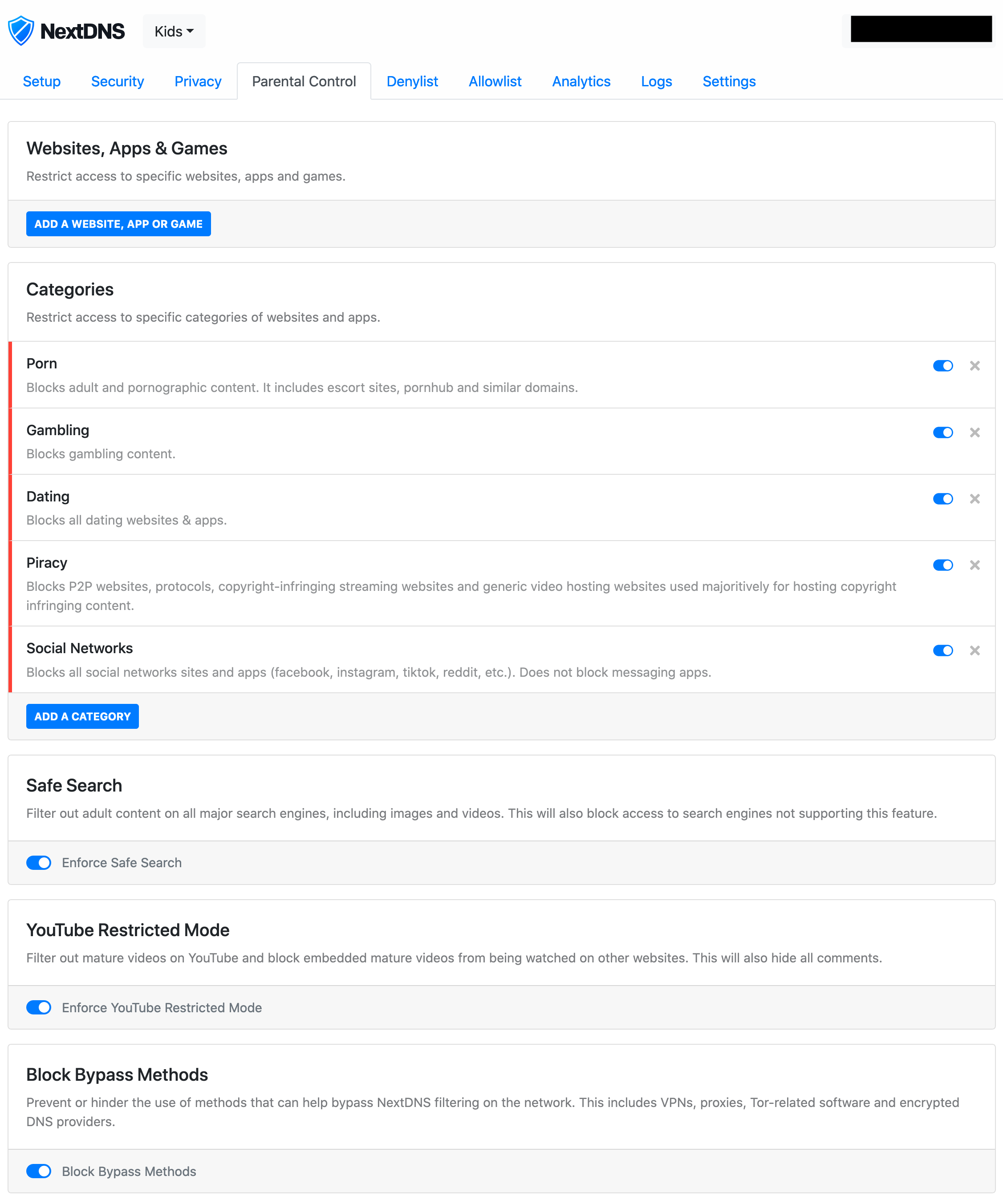 DNS filters set up for the Kids network.